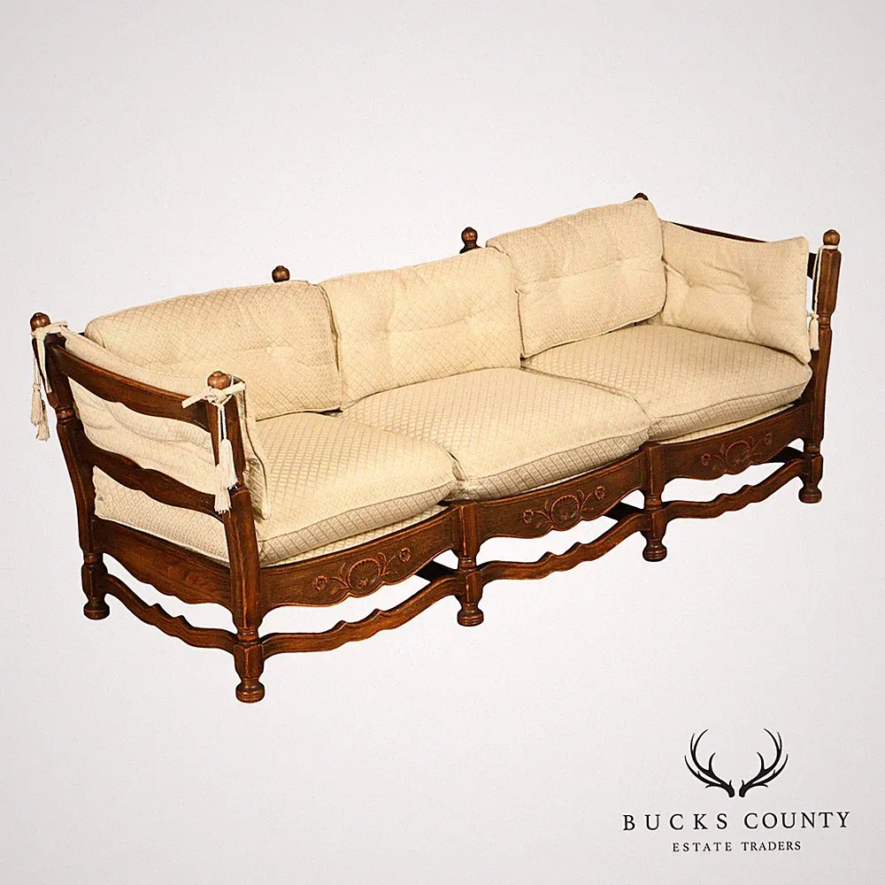 French Country Style Carved Oak Frame Three Seat Sofa