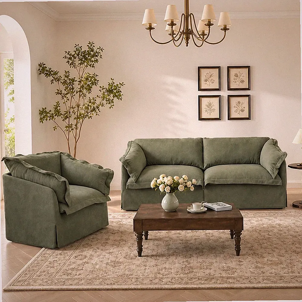 French Farmhouse 2-Piece Living Room Furniture Set, 2-Seater Sofa with Accent Ch