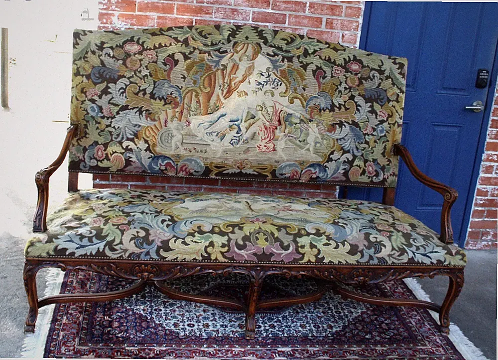 French Louis XV Antique Carved Walnut Sofa | Tapestry Needlepoint Upholstery