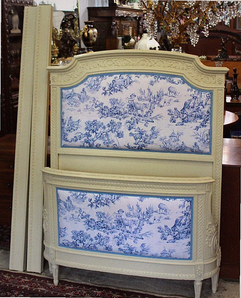 French Louis XVI White Twin Bed New Upholstery Antique Upholstered Headboard