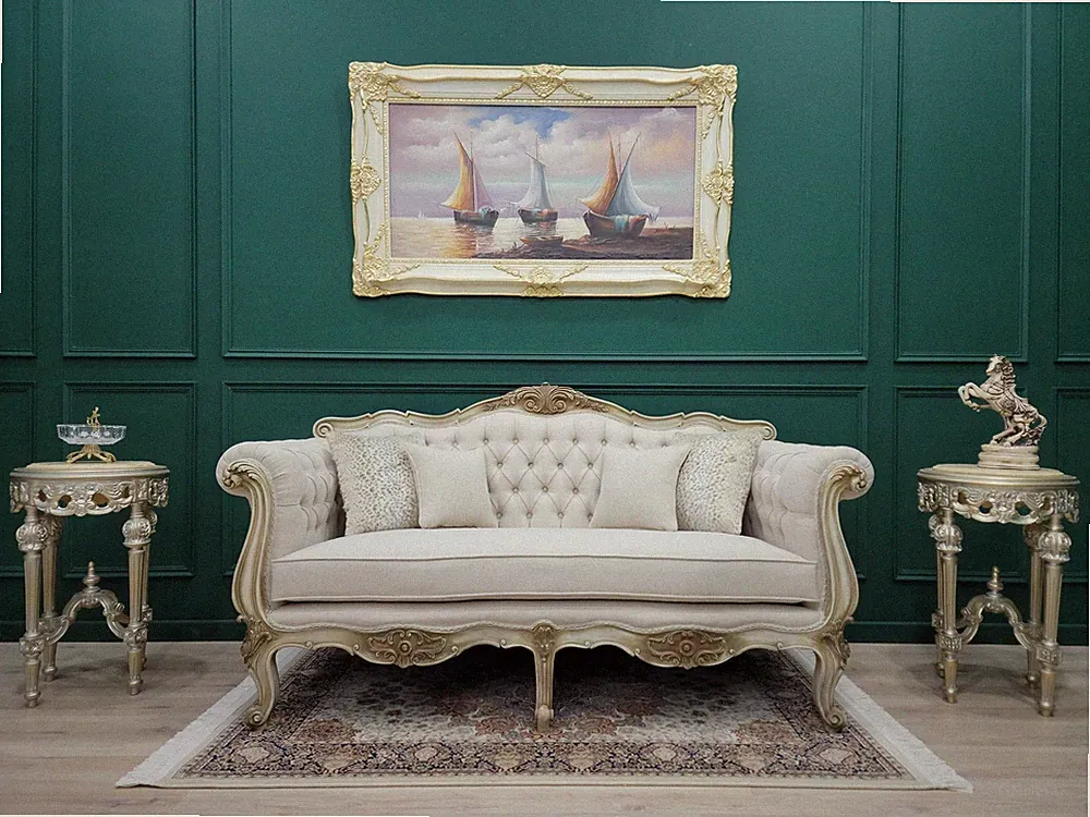 French Style Sofa / Stressed Aged Hand Carved Frame / Tufted beige Linen