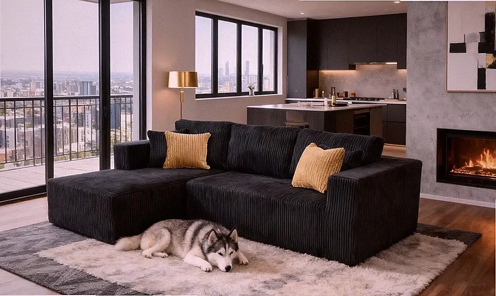 Full Compressed Corduroy Upholstered Sectional - No Assembly Needed