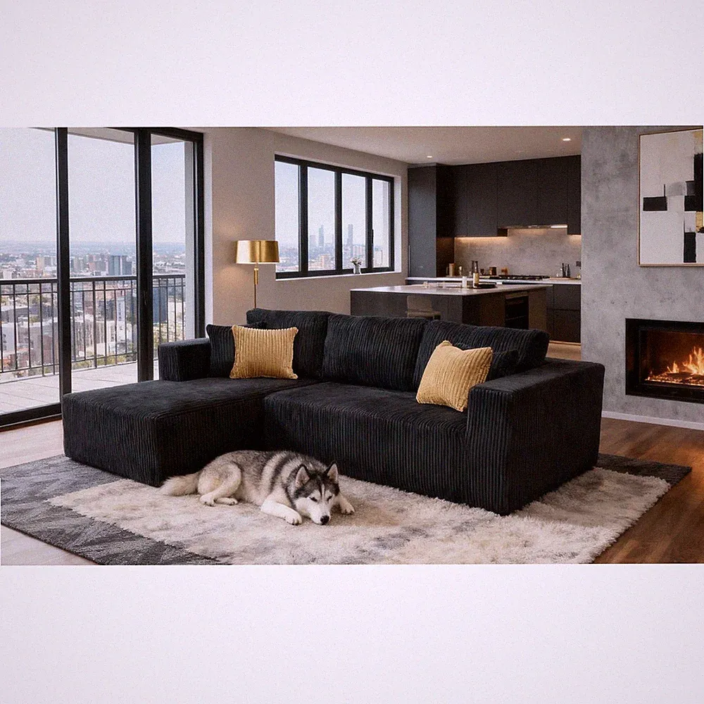 Full Compressed Corduroy Upholstered Sectional Sofa, No Assembly Needed