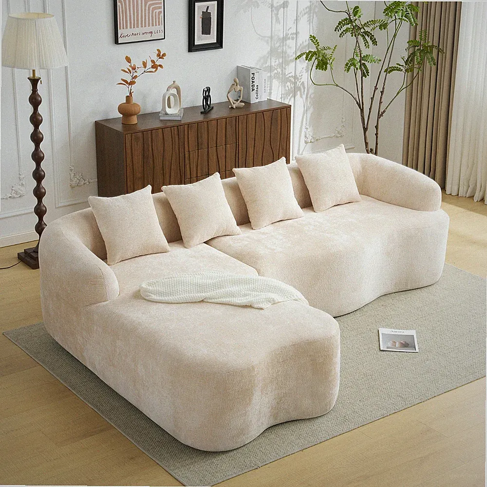 Full Compression L-Shape Sectional Sofa Curved Chaise Beige Modular Chenille