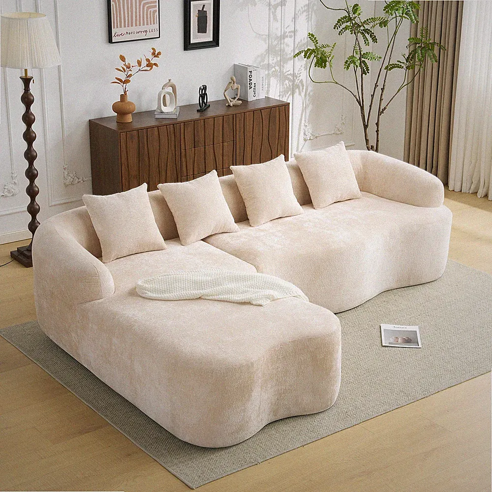 Full Compression L-Shape Sectional Sofa with Curved Chaise, Beige Modular Chenil