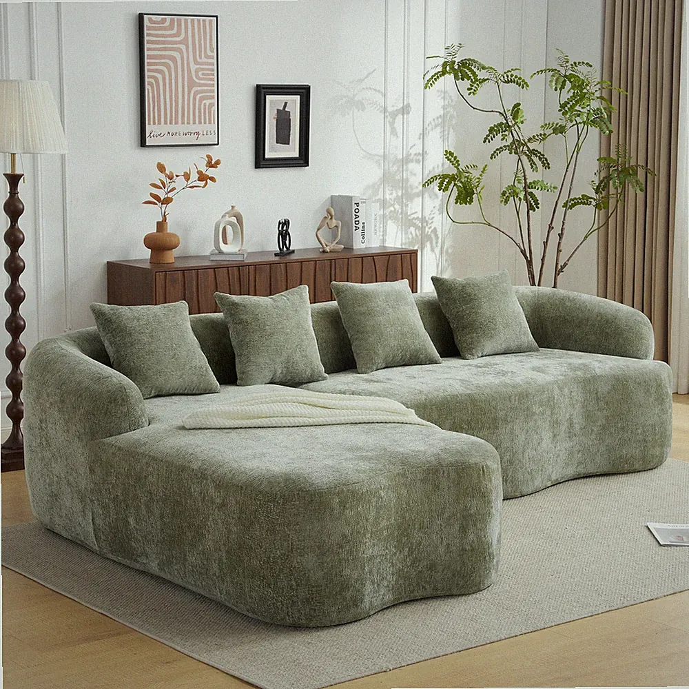 Full Compression L-Shape Sectional Sofa with Curved Chaise, Green Modular Chenil