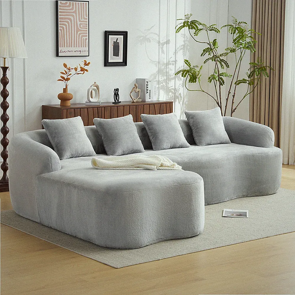 Full Compression L-Shape Sectional Sofa with Curved Chaise, Grey Modular Chenill