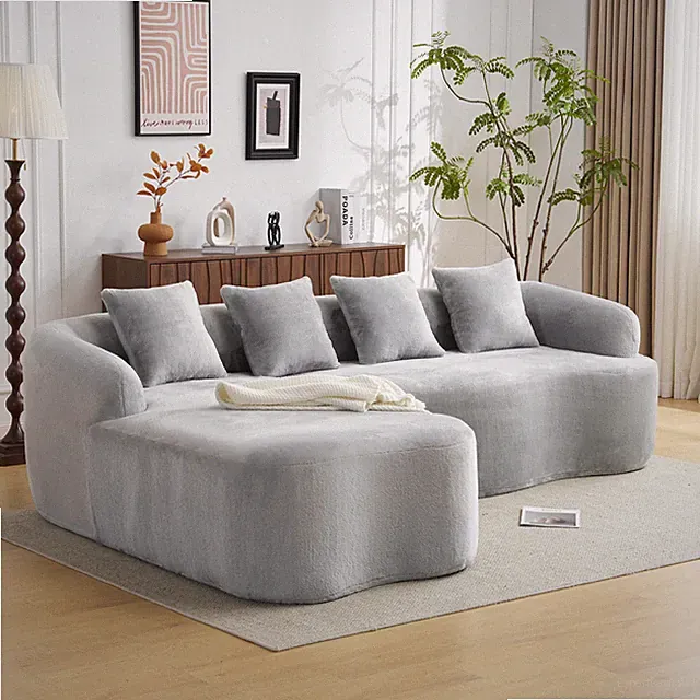 Full Compression L-Shape Sectional Sofa with Curved Chaise, Grey Modular Chenill