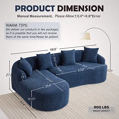 Full Compression Sponge L-Shape Sectional Sofa with Curved Chaise for LivingRoom