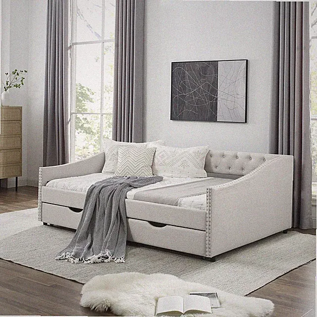 Full Daybed w/ Trundle Drawers, Tufted Sofa Bed, Beige Upholstery