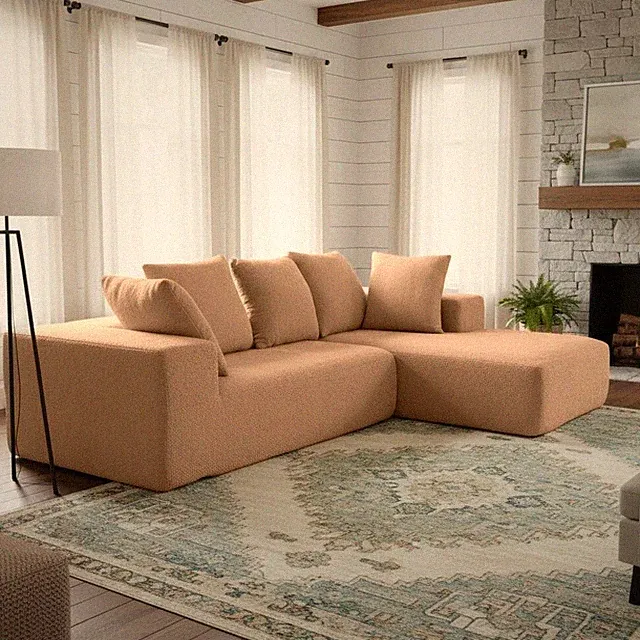 Full foam compression modular sofa, five soft big throw pillows, brown flannel