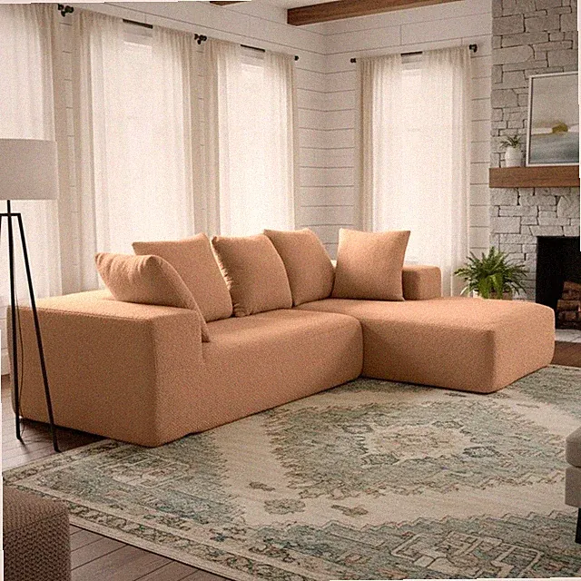 Full foam compression modular sofa, five soft big throw pillows, brown flannele