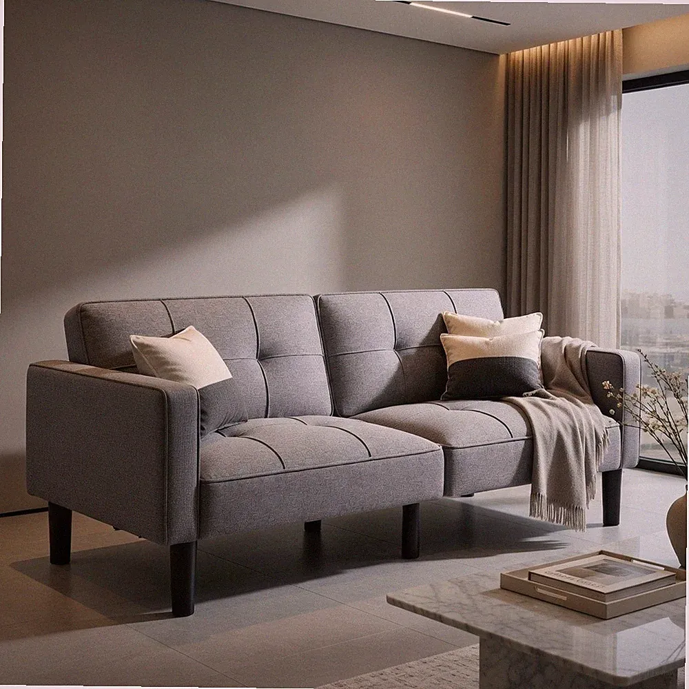Full Modern Linen Futon Sofa Bed Gray Adjustable Backrest Folding Convertible