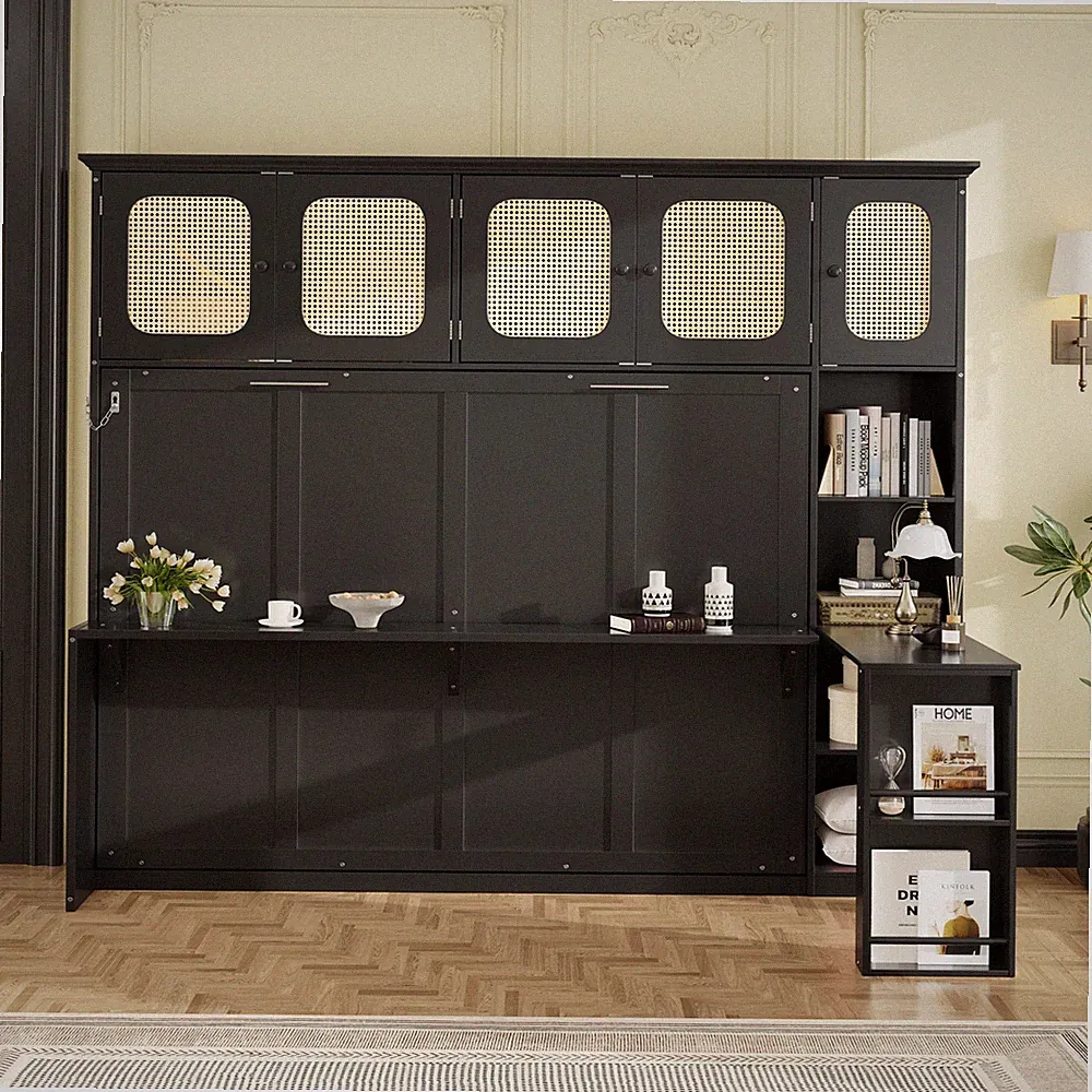Full Murphy Bed with Desk and Rattan Cabinets, Space-Saving Wall Bed for Home