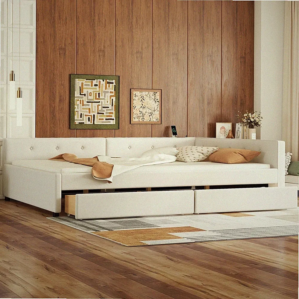 Full/Queen Size Daybed Upholstered Bed Frame Sofa Bed with USB Ports & 2 Drawers
