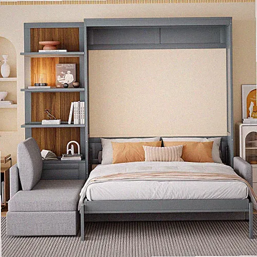 Full Queen Size Murphy Wall Bed with Sofa & Shelves Space Saving Wood Hidden Bed