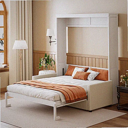 Full Queen Size Murphy Wall Bed with Sofa & Shelves Space Saving Wood Hidden Bed