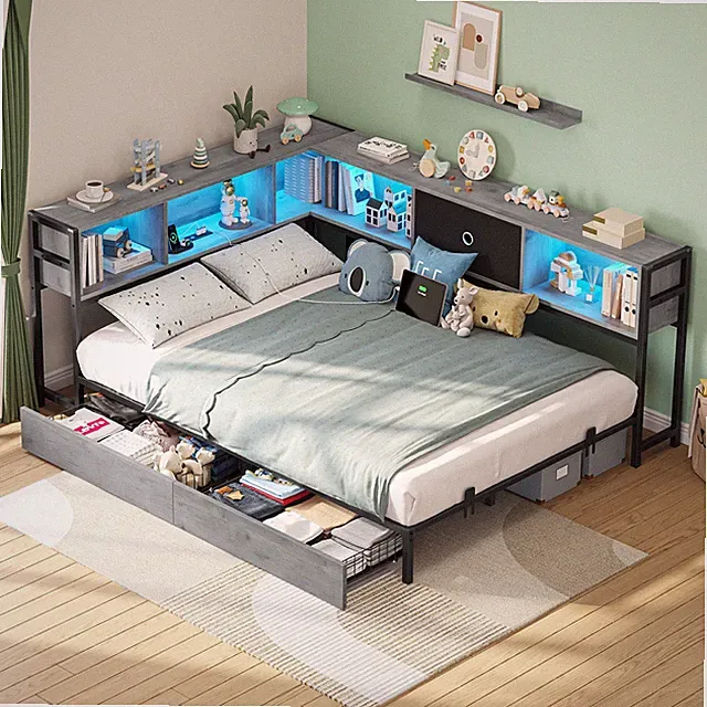 Full Size Corner Bed Frame Gray Daybed with Led Lights,Charging Station,Bookcase