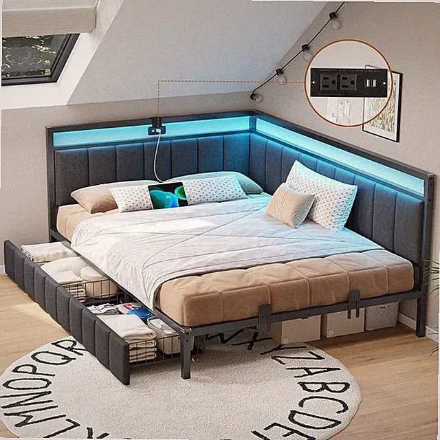 Full Size Corner Bed Frame with Drawers,Charging Station,Led Lights,Metal Daybed