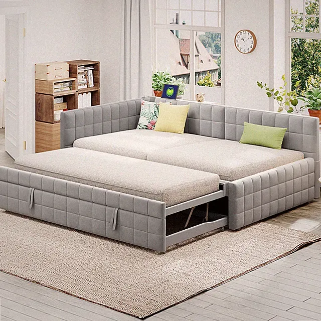 Full Size Corner Daybed Upholstered L-Shaped Sofa Bed W/Twin Size Pop Up Trundle