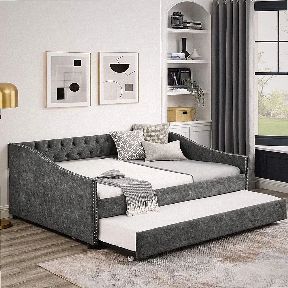 Full Size Day Bed Button-Tufted Sofa Daybed Frame with Trundle For Bedroom
