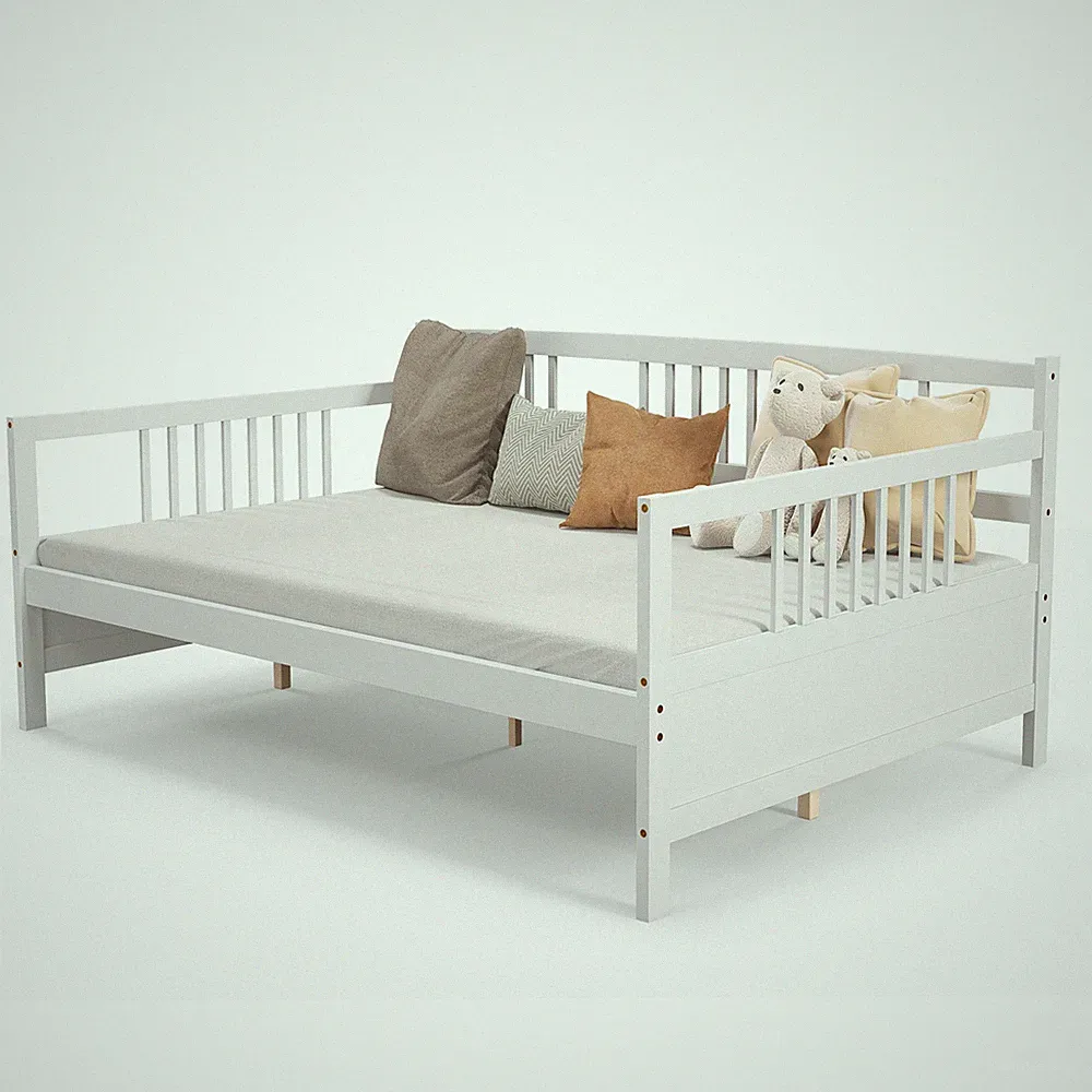 Full Size Daybed Frame Solid Wood Sofa Bed for Living Room Bedroom White