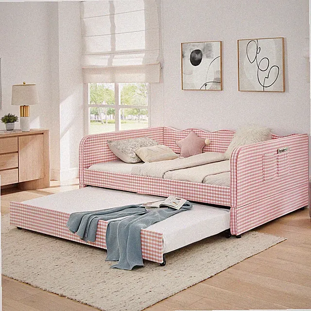 Full‑Size Daybed, Gingham Upholstered 3‑in‑1 Versatile Convertible Sofa Bed with