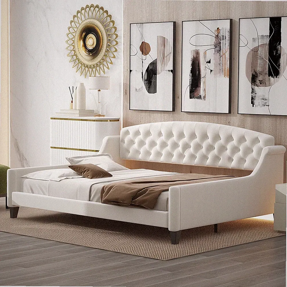 Full Size Daybed Tufted Button Daybed Upholstered Sofa Bed for Living Room Beige