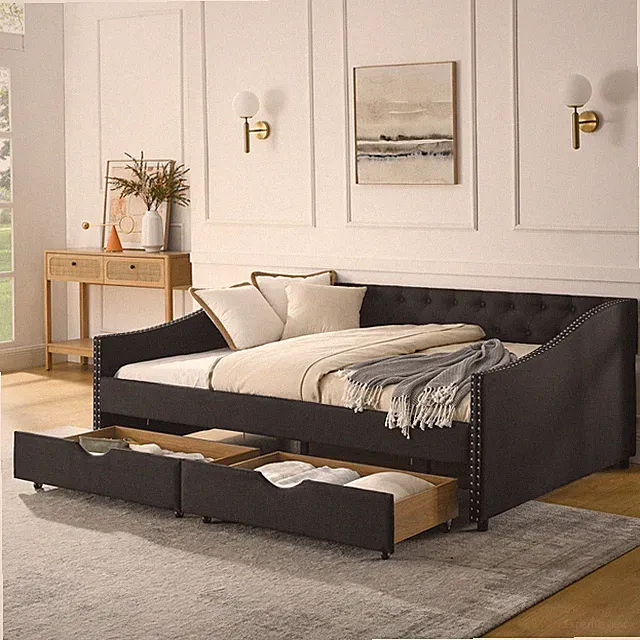 Full Size Daybed Upholstered Bed Frame Sofa Bed with 2 Storage Drawer US