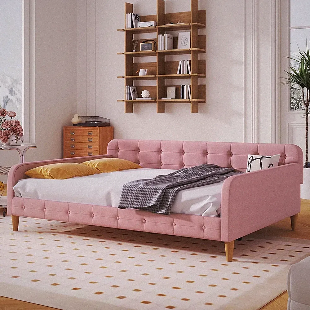 Full Size Daybed,Upholstered Day Bed Frame W/ 4 Wood Legs,Button Tufted Sofa Bed