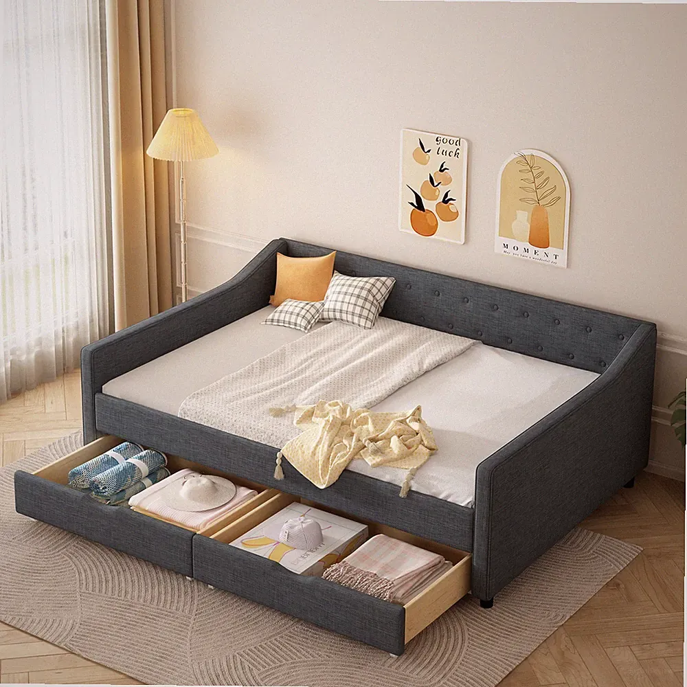 Full Size Daybed W/ Drawers Upholstered Tufted Sofa Bed W/ Button Back Dark Grey