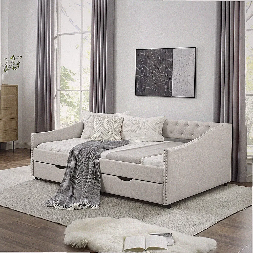 Full Size Daybed w/Drawers Upholstered Tufted Sofa Bed,w/Button on Back and Cop