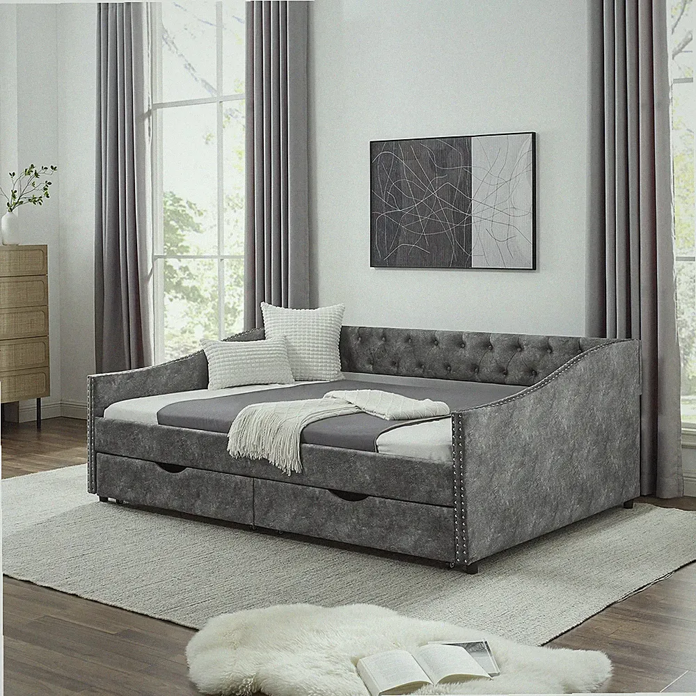 Full Size Daybed w/Drawers Upholstered Tufted Sofa Bed,w/Button on Back and Copp