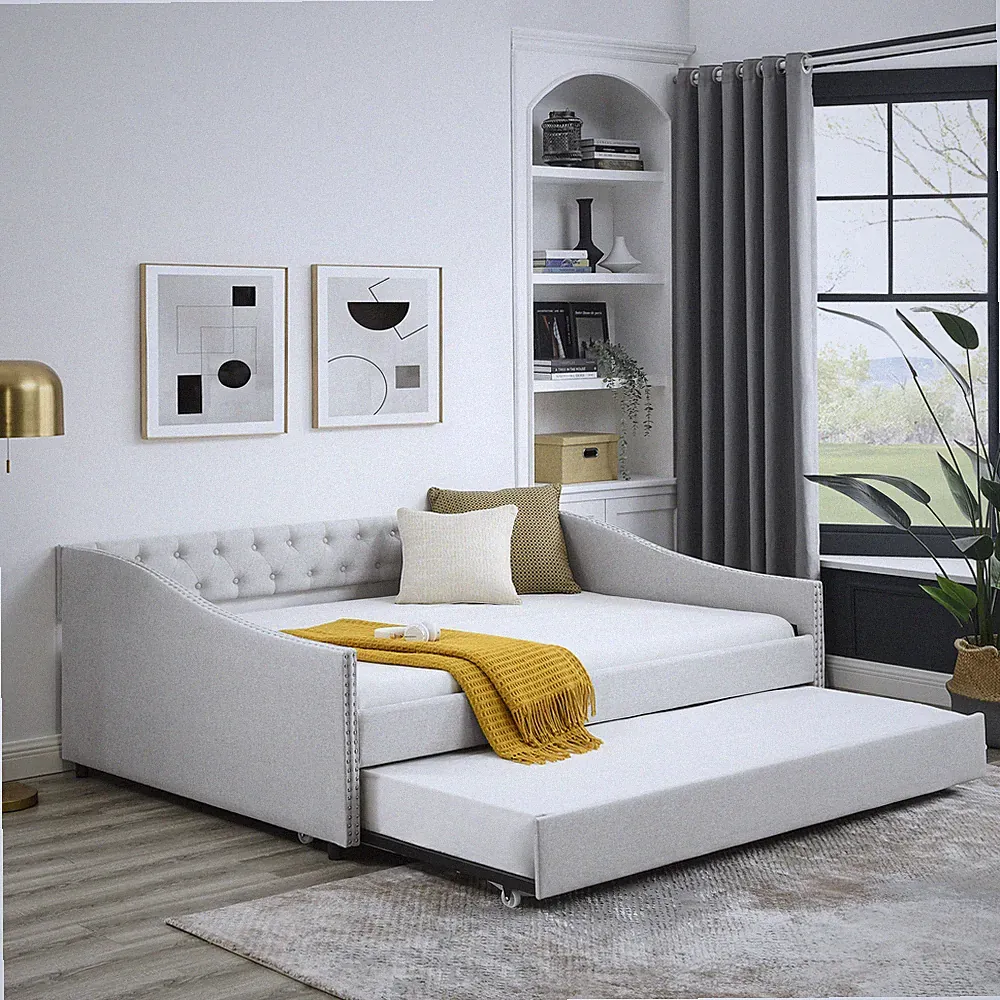 Full Size Daybed W/ Trundle Upholstered Day Bed Tufted Sofa Bed W/ Button Beige