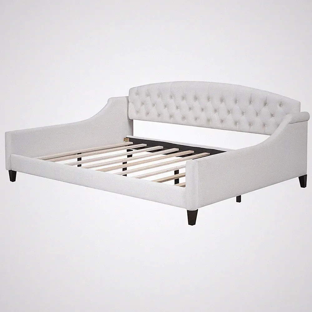 Full Size Daybed W/ Tufted Button Back Velvet Upholstered Sofa Bed Bedroom Beige