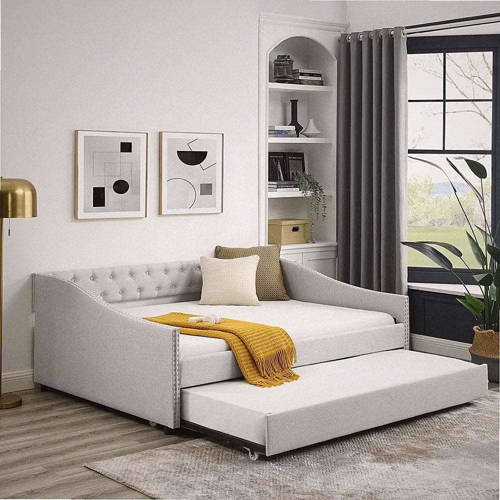 Full Size Daybed w/Twin Size Trundle Upholstered Tufted Sofa Bed,w/Button on Bac