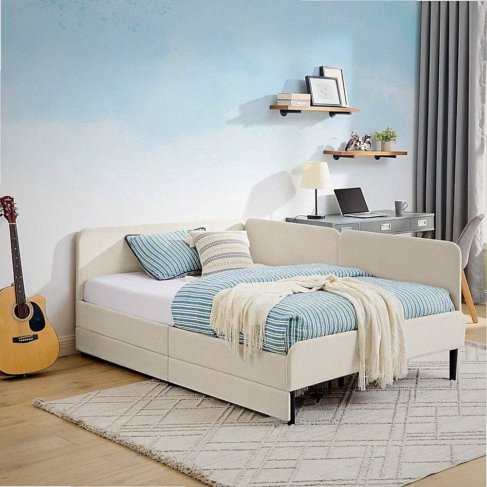 Full Size Daybed with 2 Storage Drawers L Shaped Corner Sofa Bed with Head Board