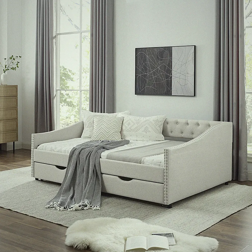 Full Size Daybed with Drawers Upholstered Tufted Sofa Bed, with Button on Back