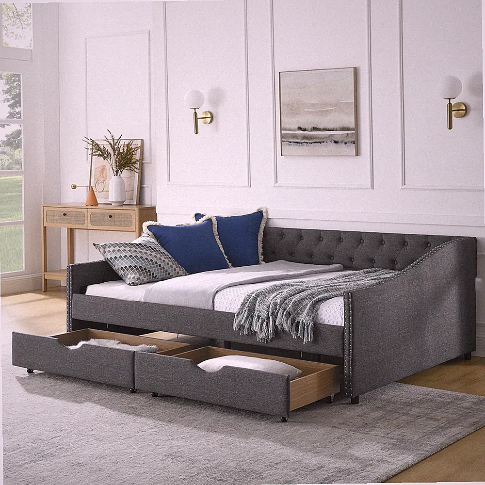 Full Size Daybed with Drawers Upholstered Tufted Sofa Bed, with Button on Back