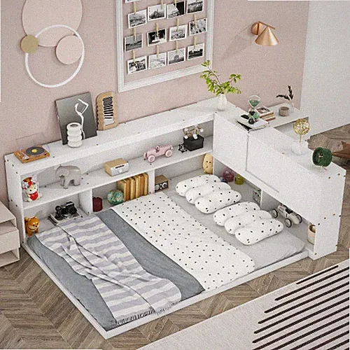Full Size Daybed with L-Shaped Bookshelf Storage Shelves Sliding Doors Sofa Beds