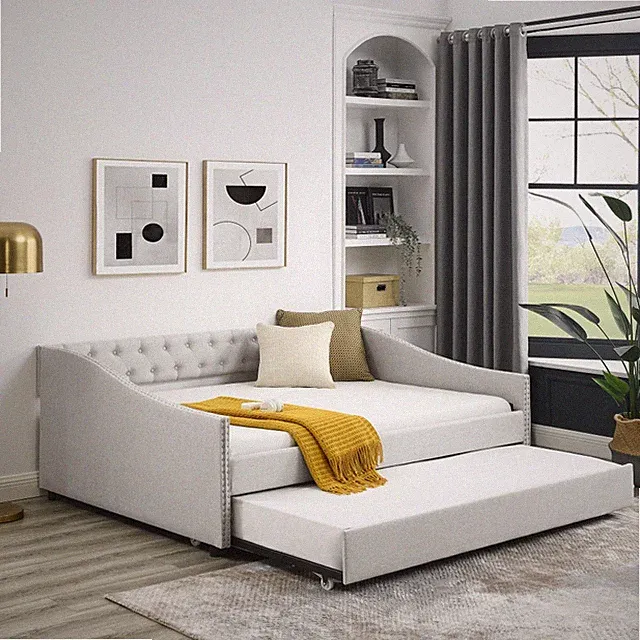 Full Size Daybed with Twin Size Trundle Upholstered Tufted Sofa Bed,Beige