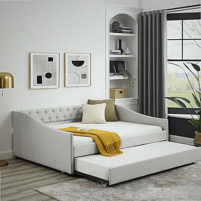 Full Size Daybed with Twin Size Trundle Upholstered Tufted Sofa Bed, with Butt