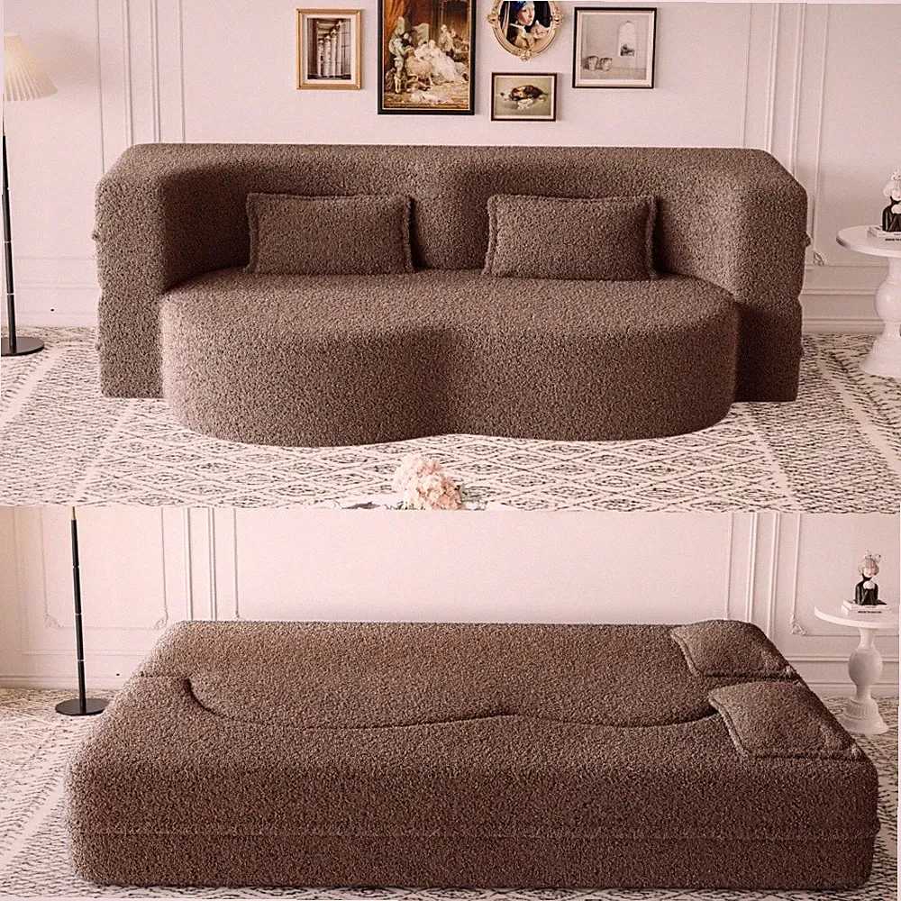 Full Size Foldable Floor Sofa Bed w/ Mattress & 2 Pillows, No Assembly, Brown