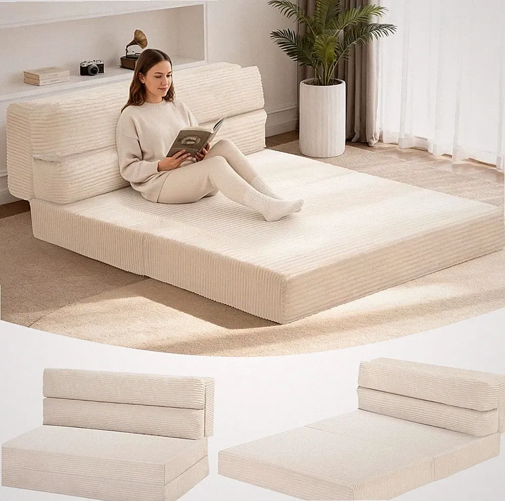 Full Size Folding Mattress Sofa Bed, 3-in-1 Lounge Sleeper, Beige Corduroy