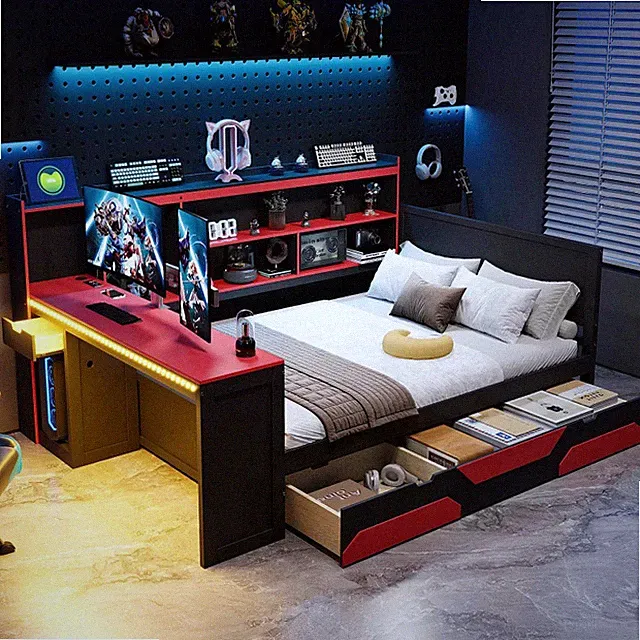 Full Size Gaming Daybed with Desk, Storage Drawers, LED Lights, Bookshelf