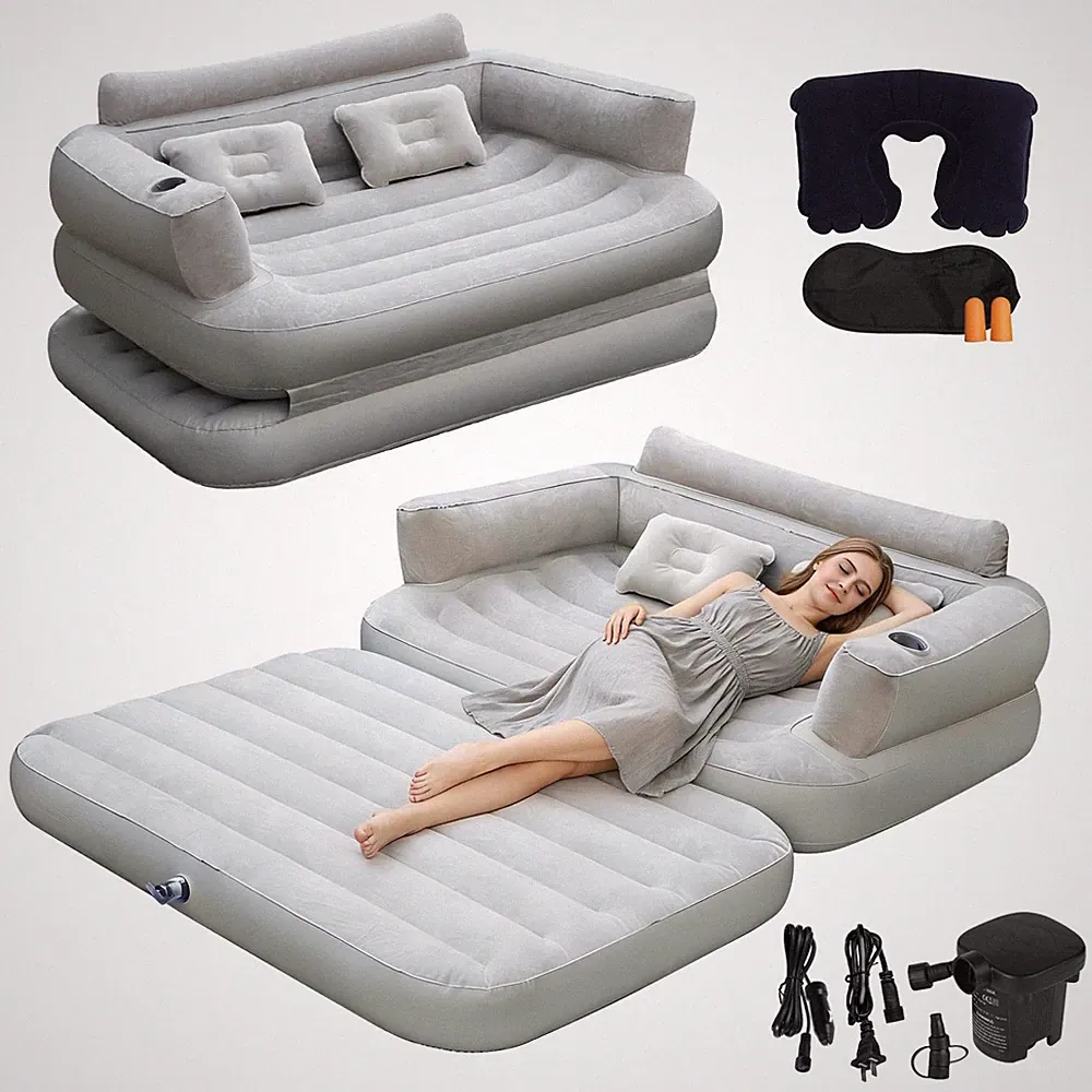 Full Size Inflatable Sofa Bed with Air Pump,2-in-1 Blow-Up Couch and Folding...