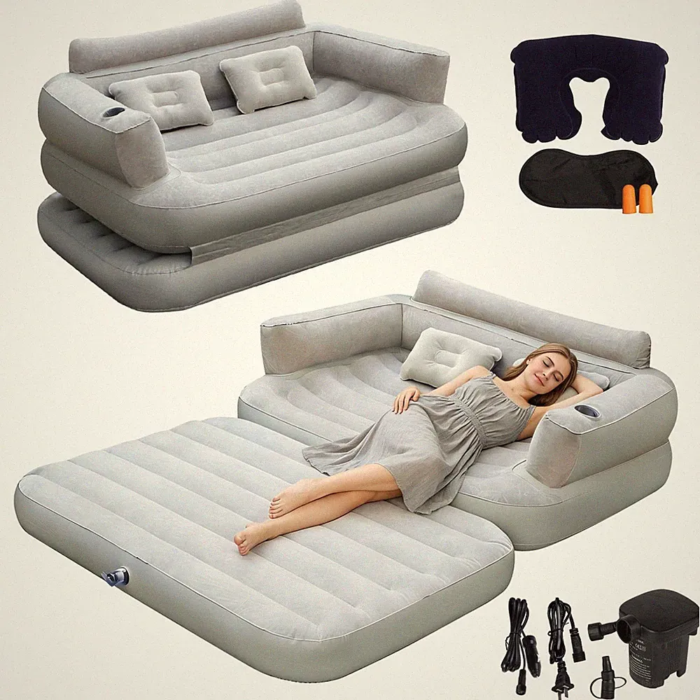 Full Size Inflatable Sofa Bed with Air Pump,2-in-1 Portable Blow-Up Air Couch...