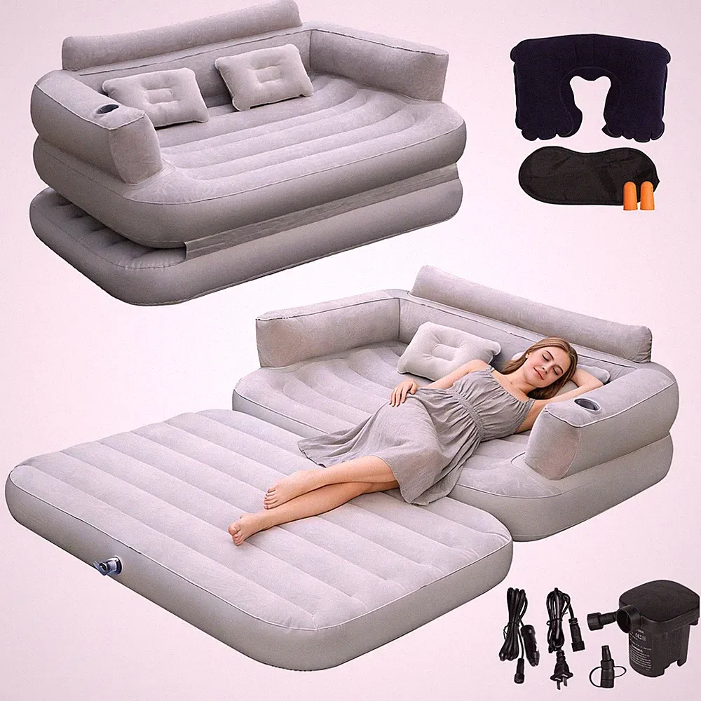 Full Size Inflatable Sofa Bed with Air Pump,2-in-1 Portable Blow-Up Air Couch...