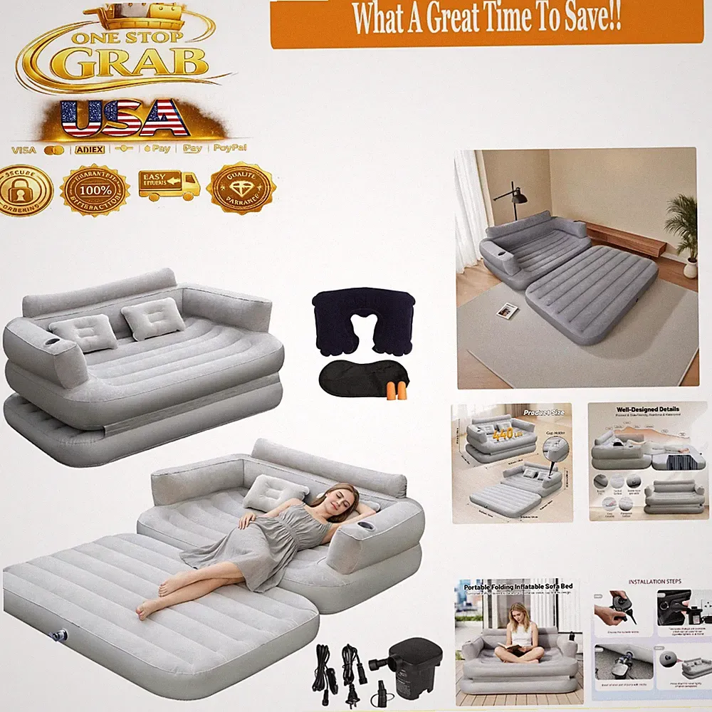 Full Size Inflatable Sofa Bed with Pump Portable Blow-Up Couch Gray