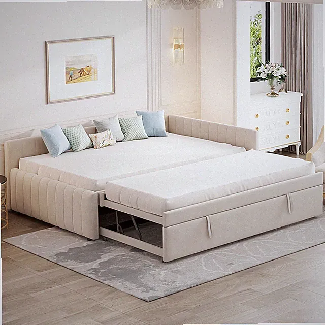 Full Size L-Shaped Upholstered Daybed Corner Sofa Bed +Twin Pop Up Trundle Beige